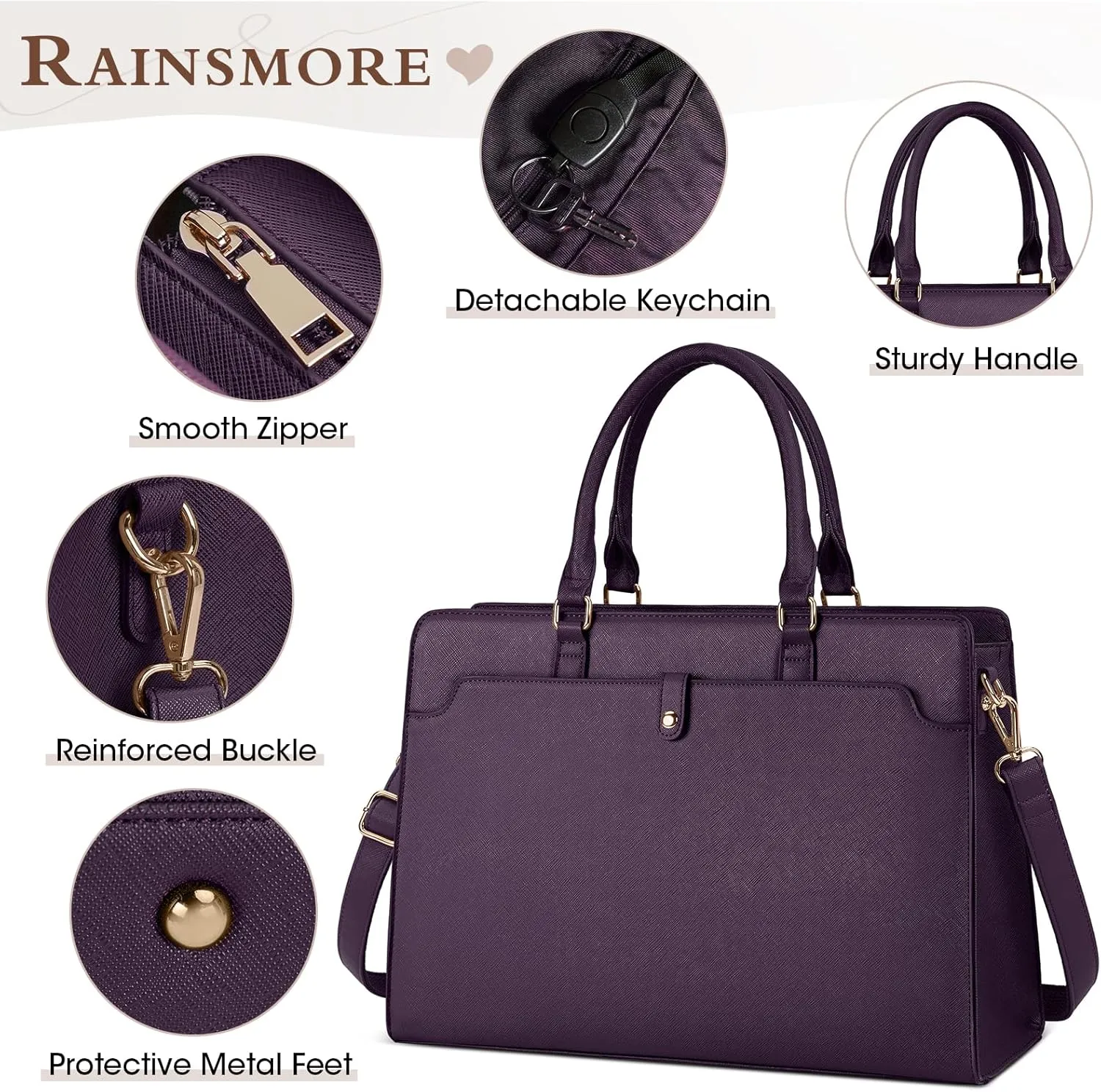 RAINSMORE Laptop Bag for Women 15.6 Inch Laptop Tote Bag Leather Work Bag Waterproof Womens Briefcase Business Office Computer Tote Bag Large Capacity Handbag Purple