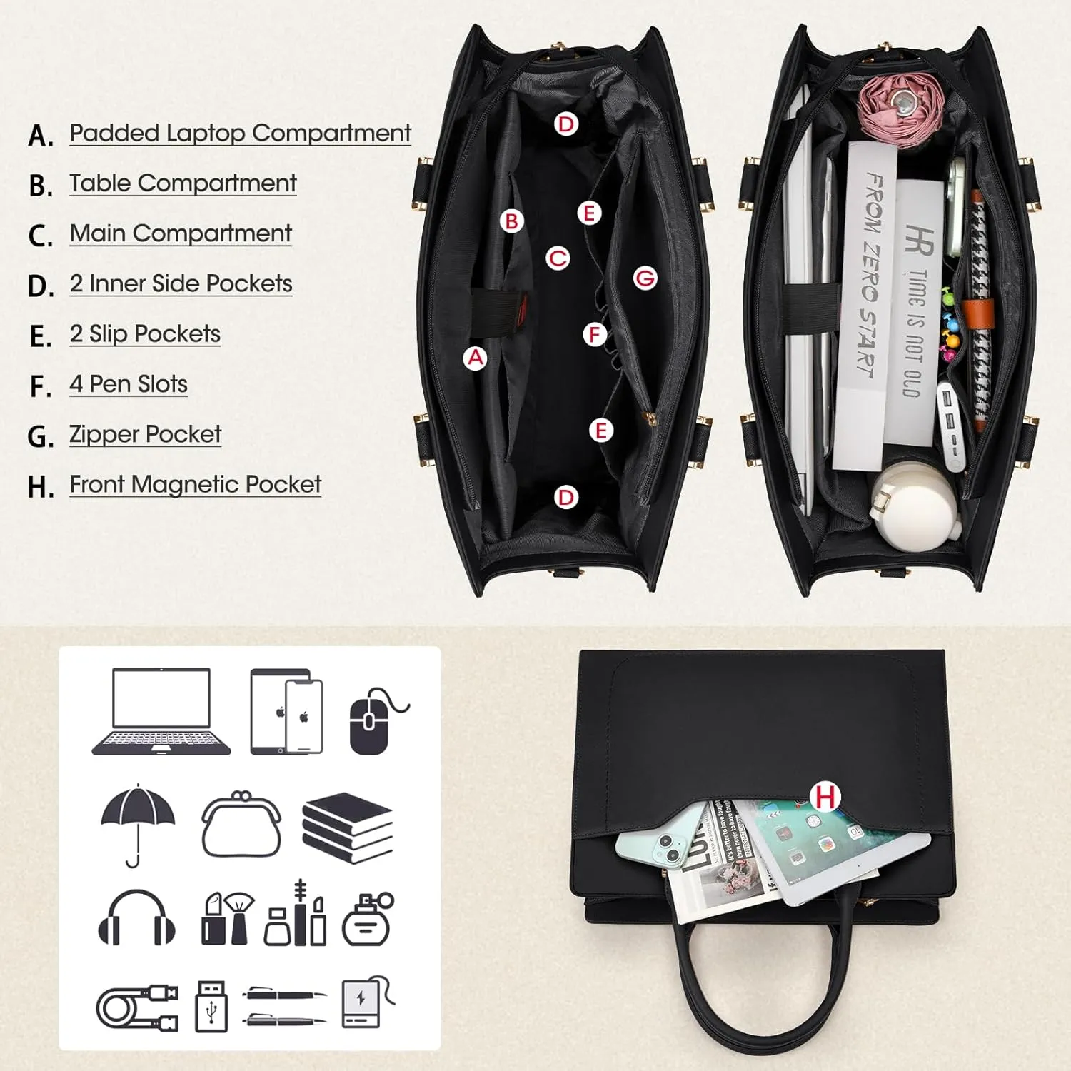 RAINSMORE Laptop Bag for Women 15.6 inch Laptop Tote Bag Waterproof Leather Computer Bags Women Business Office Work Briefcase Handbag, Black