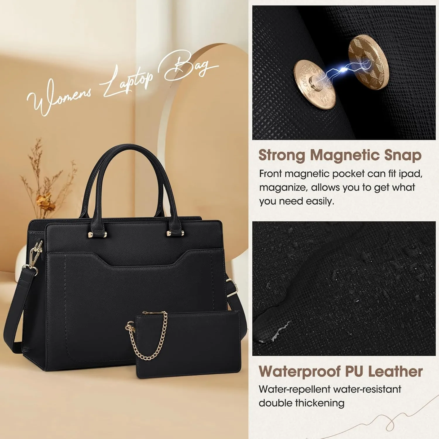 RAINSMORE Laptop Bag for Women 15.6 inch Laptop Tote Bag Waterproof Leather Computer Bags Women Business Office Work Briefcase Handbag, Black