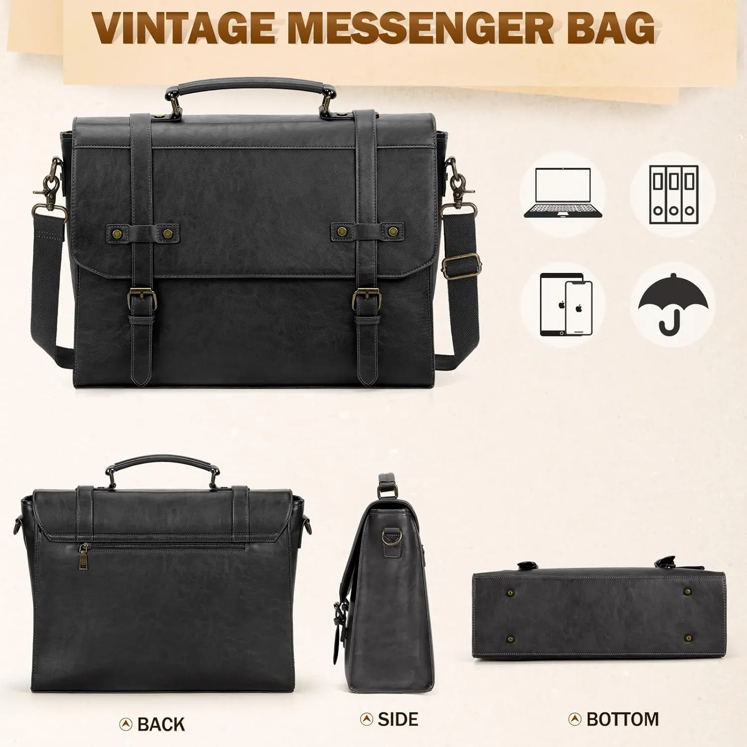 RAINSMORE Mens Messenger Bag 17 Inch Waterproof Vintage Leather Laptop Briefcase Large Laptop Bag Satchel Bag Computer Shoulder Bag for Office Business Travel College,Brown