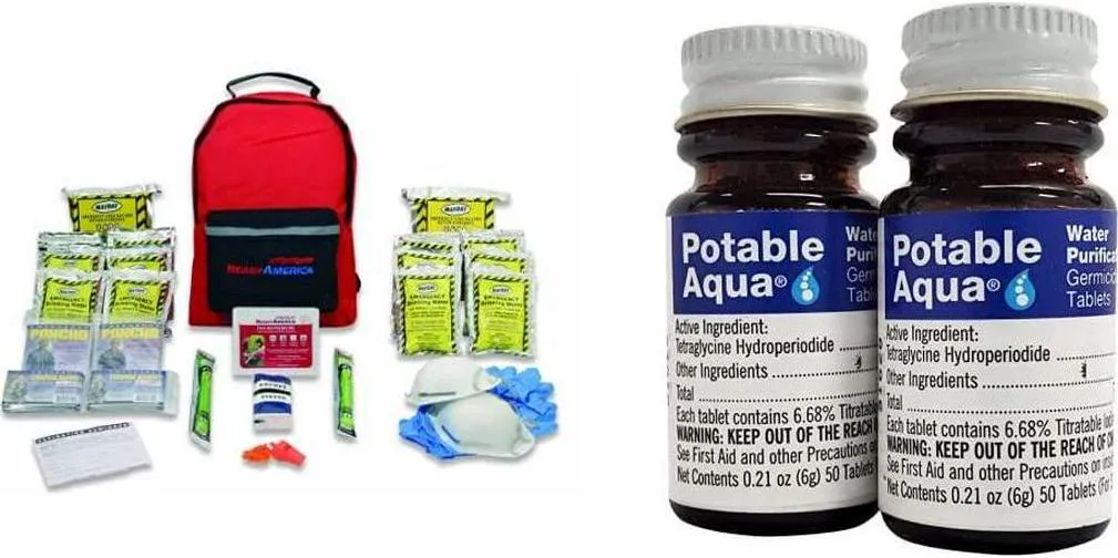 Ready America 70280 72 Hour Emergency Kit, Red and Potable Aqua Water Purification, Water Treatment Tablets - 50 Count Twin Pack