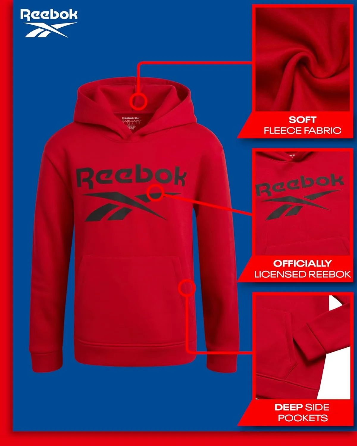 Reebok Boys' Active Sweatshirt - Fleece Pullover Hoodie Sweathsirt - Performance Activewear Sweatshirt for Boys (8-14)