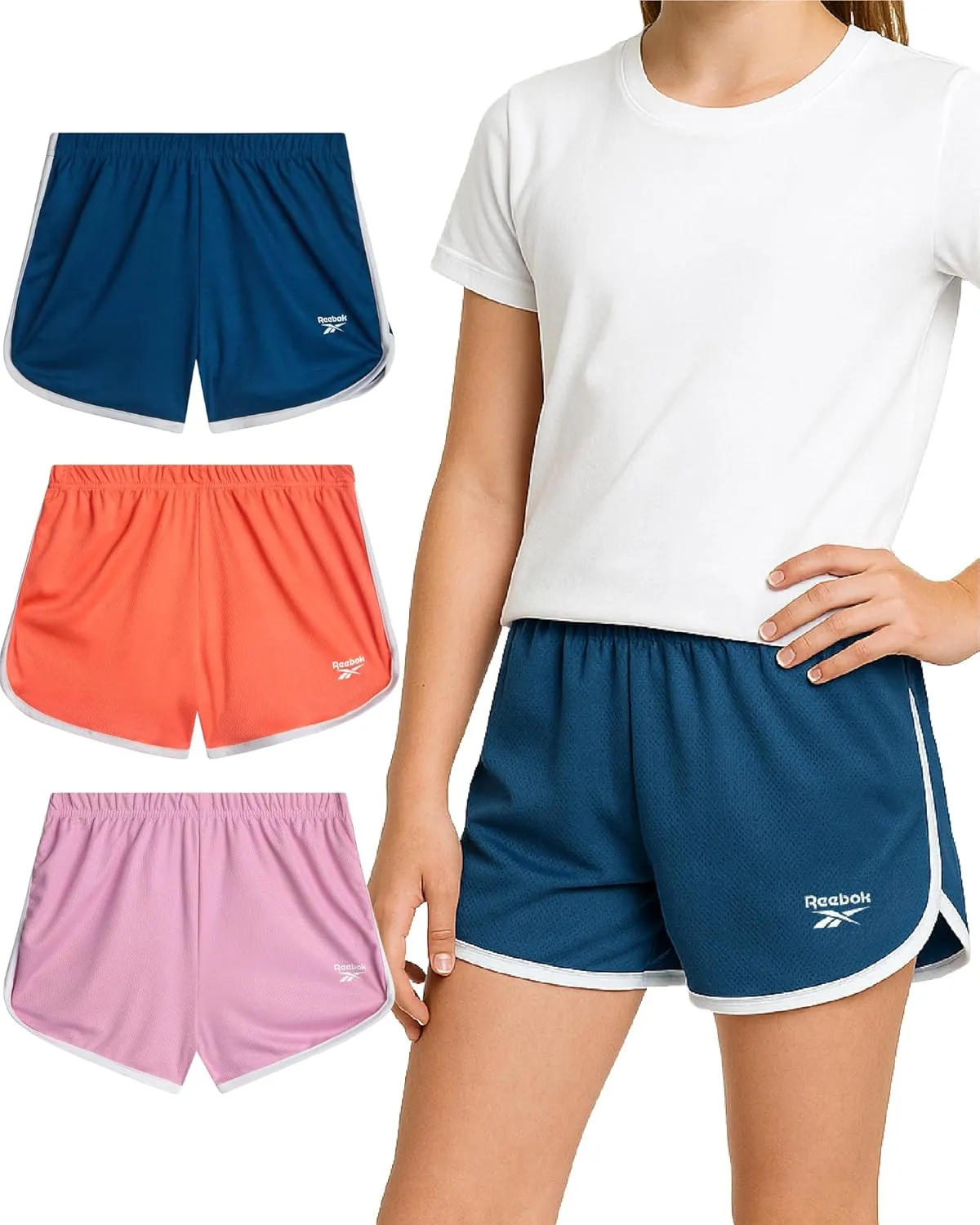 Reebok Girls Athletic Shorts - 3 Pack Active Performance Lightweight Mesh Dolphin Girls Shorts for Running Soccer Gym (7-12)