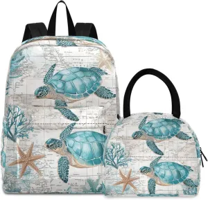 Retro Sea Turtle Nautical Map Backpack Set with Lunch Bag for Girls Boys Elementary Primary School Kids Lightweight Daypack Set