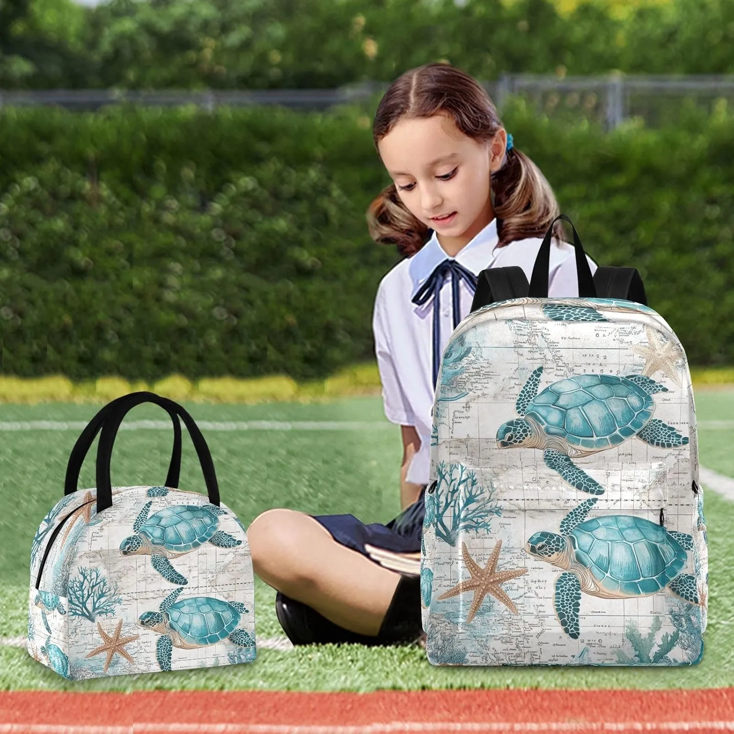 Retro Sea Turtle Nautical Map Backpack Set with Lunch Bag for Girls Boys Elementary Primary School Kids Lightweight Daypack Set