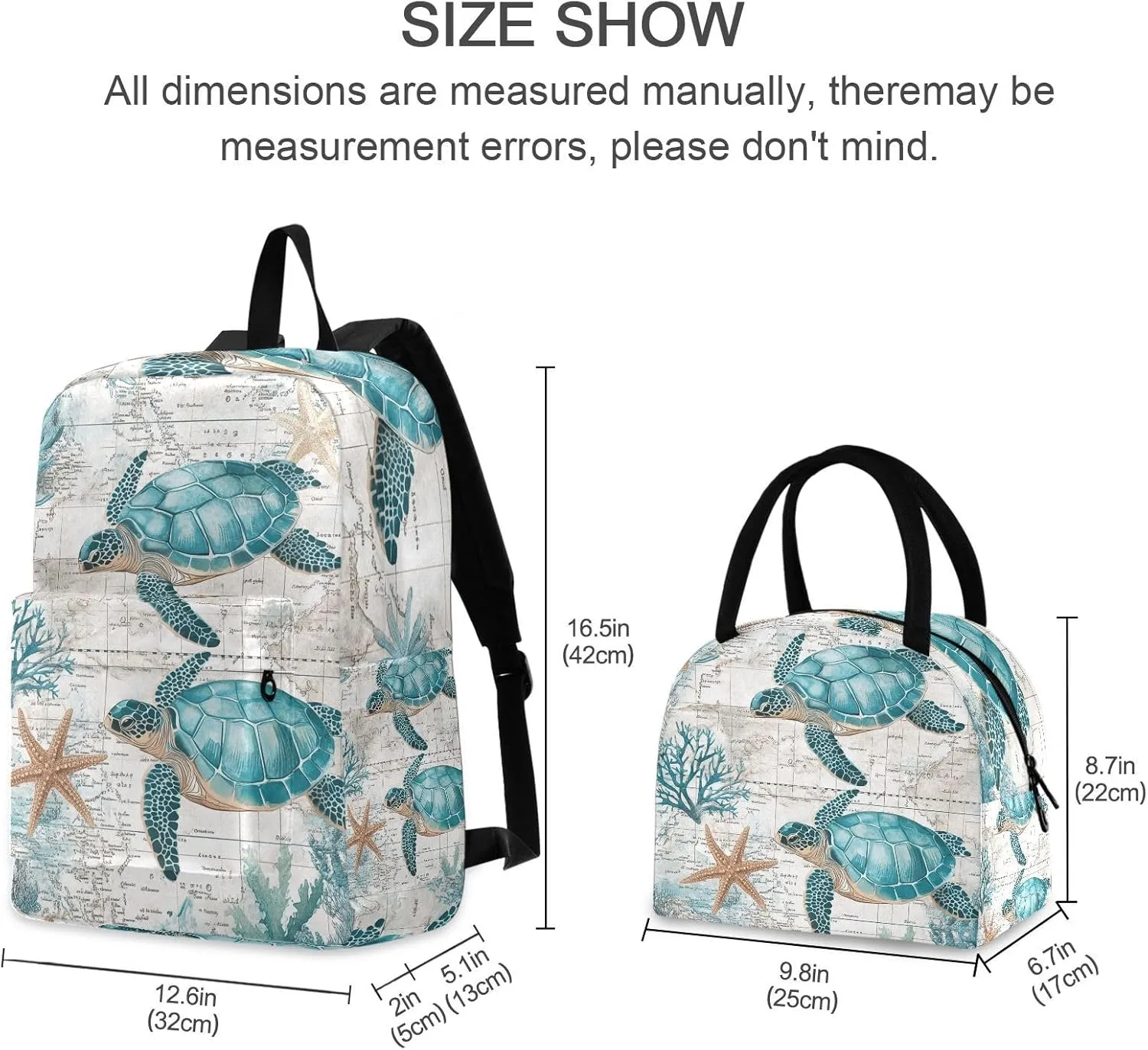 Retro Sea Turtle Nautical Map Backpack Set with Lunch Bag for Girls Boys Elementary Primary School Kids Lightweight Daypack Set