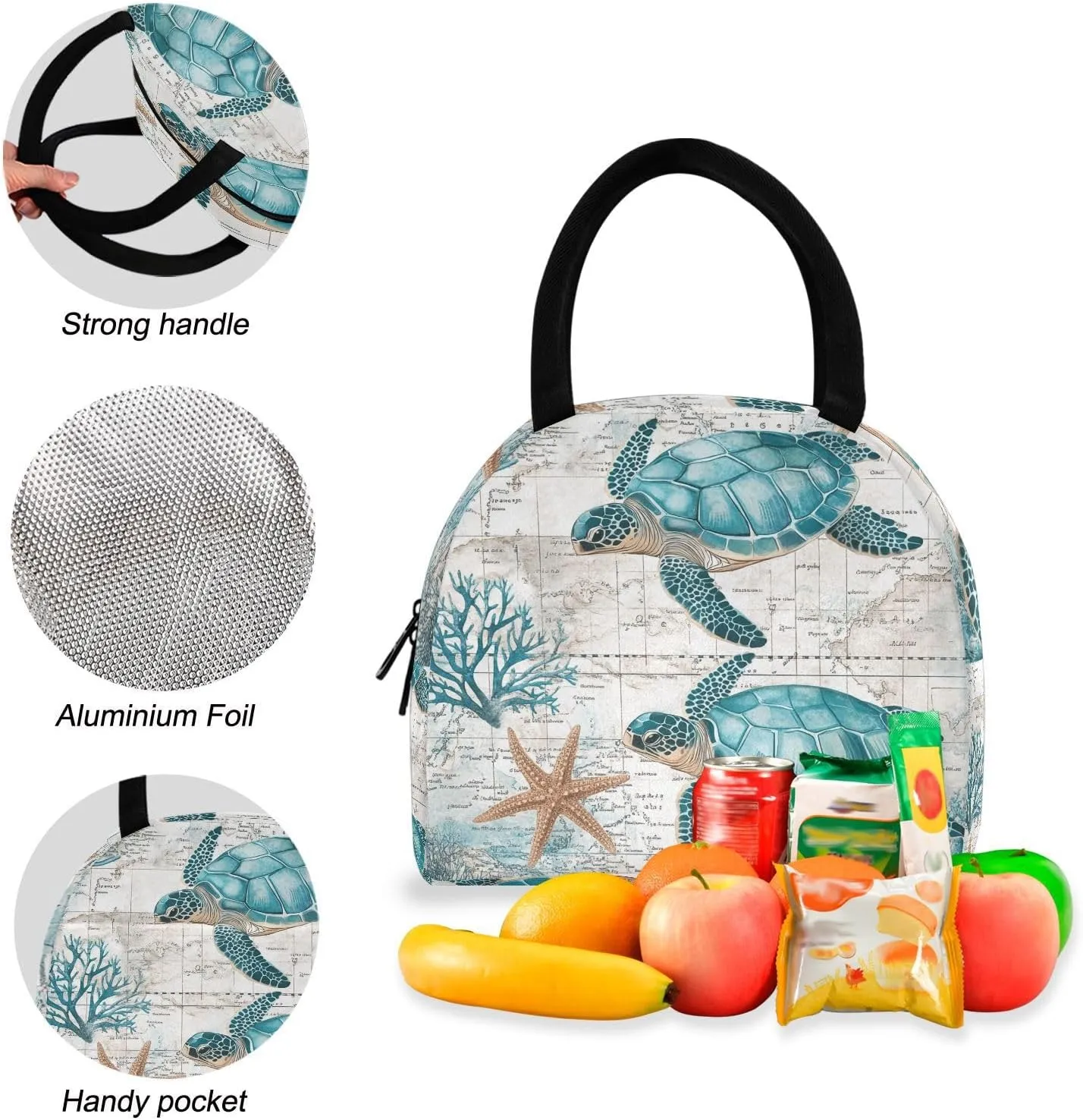 Retro Sea Turtle Nautical Map Backpack Set with Lunch Bag for Girls Boys Elementary Primary School Kids Lightweight Daypack Set