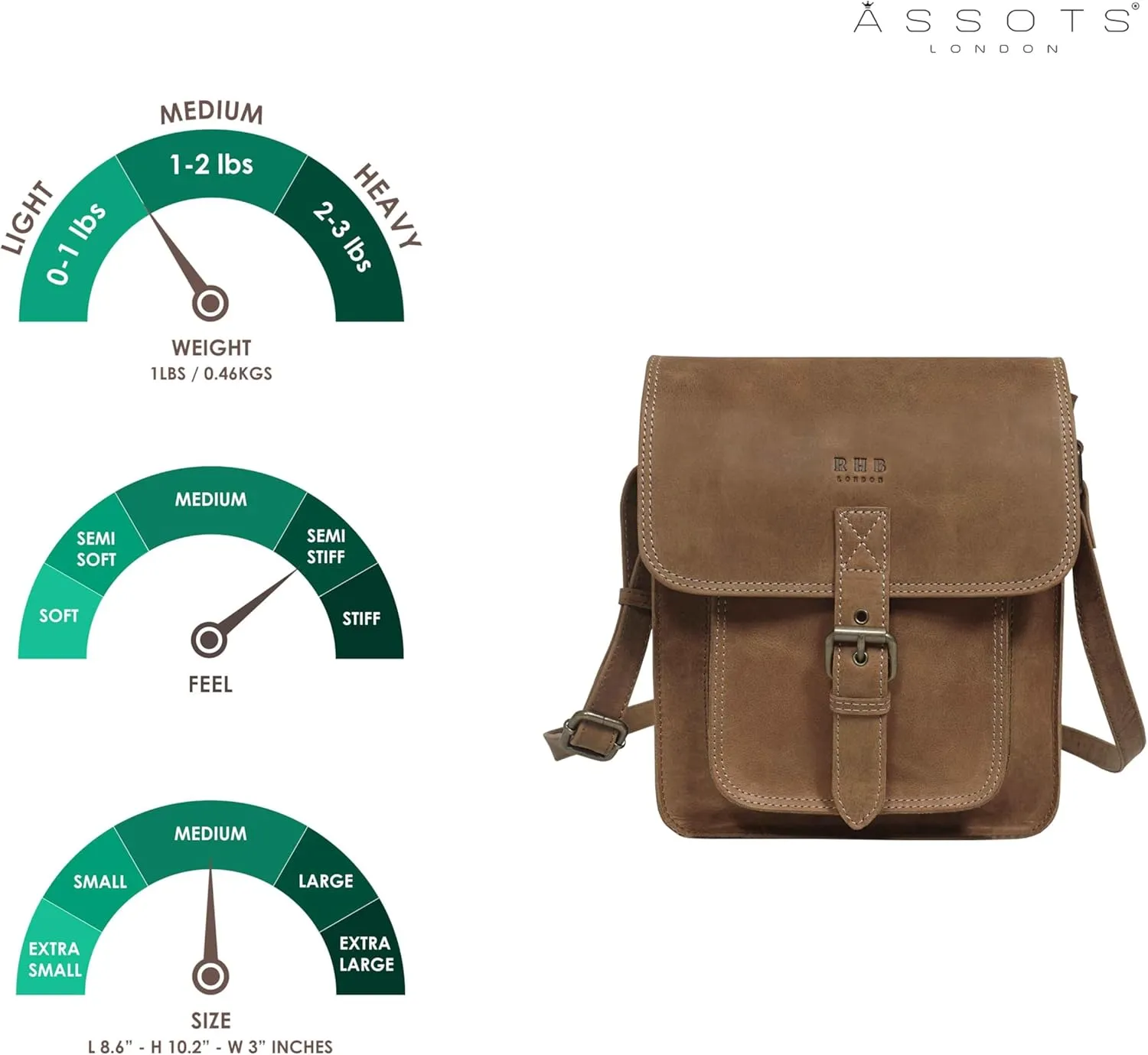 RHB Leather Crossbody Bag for Women - Sturdy Vintage Messenger Bag for Men with Adjustable Flap Fits IPad 11 inches