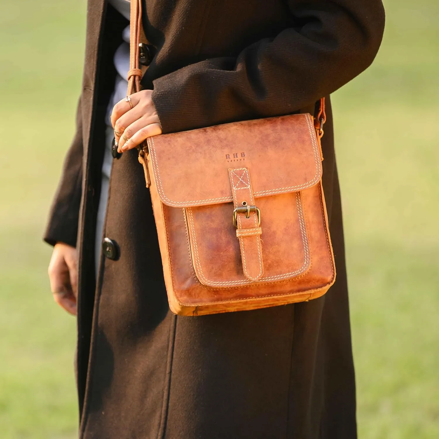 RHB Leather Crossbody Bag for Women - Sturdy Vintage Messenger Bag for Men with Adjustable Flap Fits IPad 11 inches