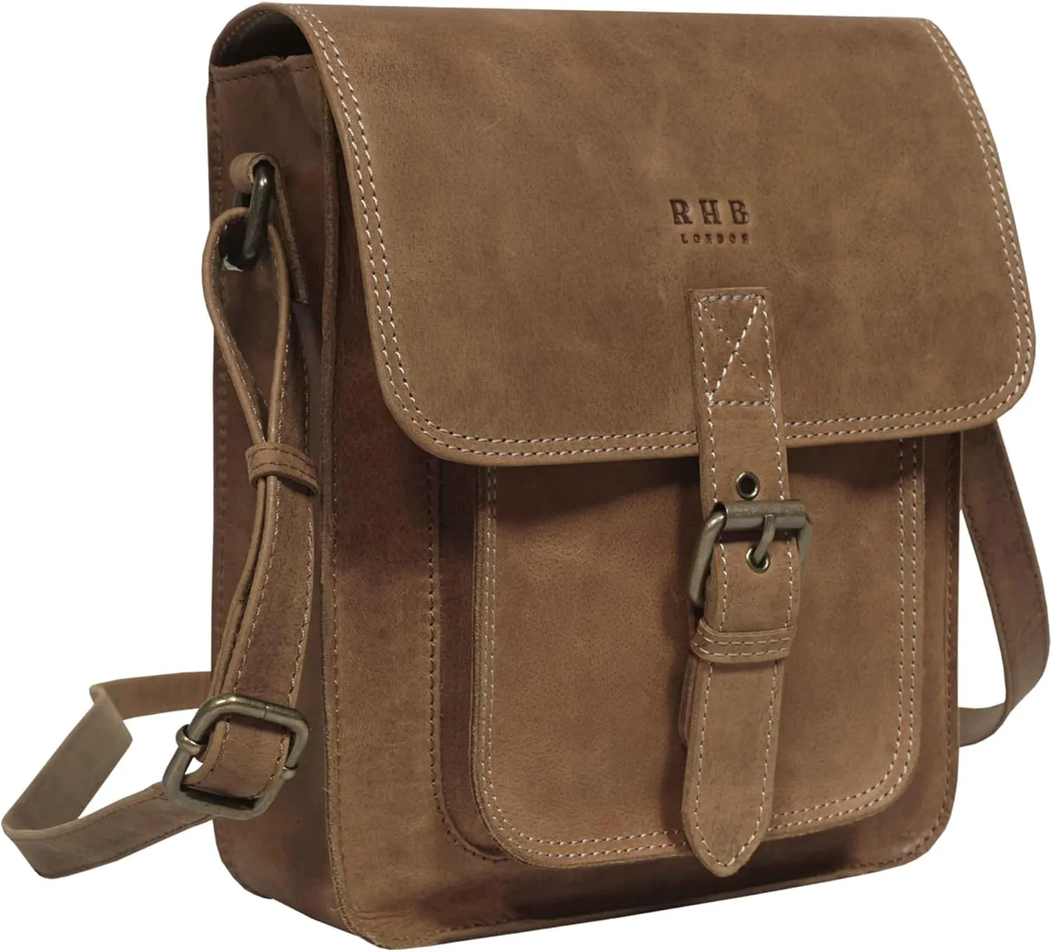 RHB Leather Crossbody Bag for Women - Sturdy Vintage Messenger Bag for Men with Adjustable Flap Fits IPad 11 inches