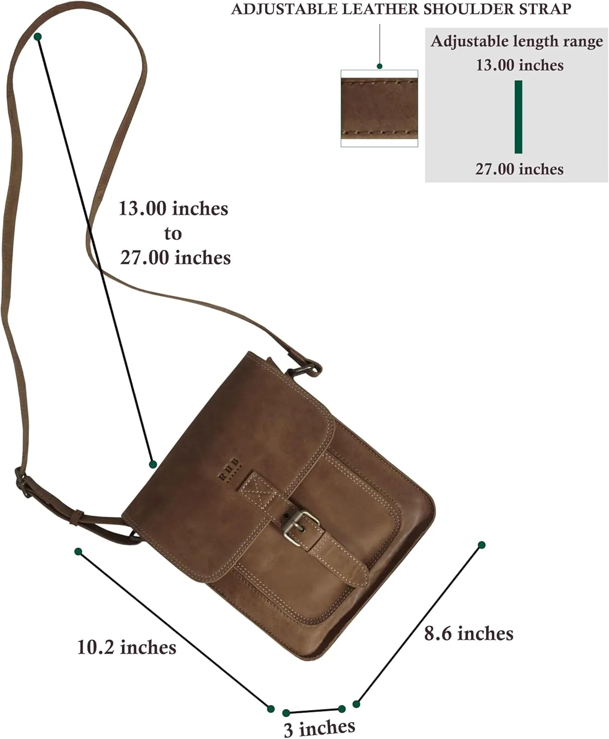 RHB Leather Crossbody Bag for Women - Sturdy Vintage Messenger Bag for Men with Adjustable Flap Fits IPad 11 inches