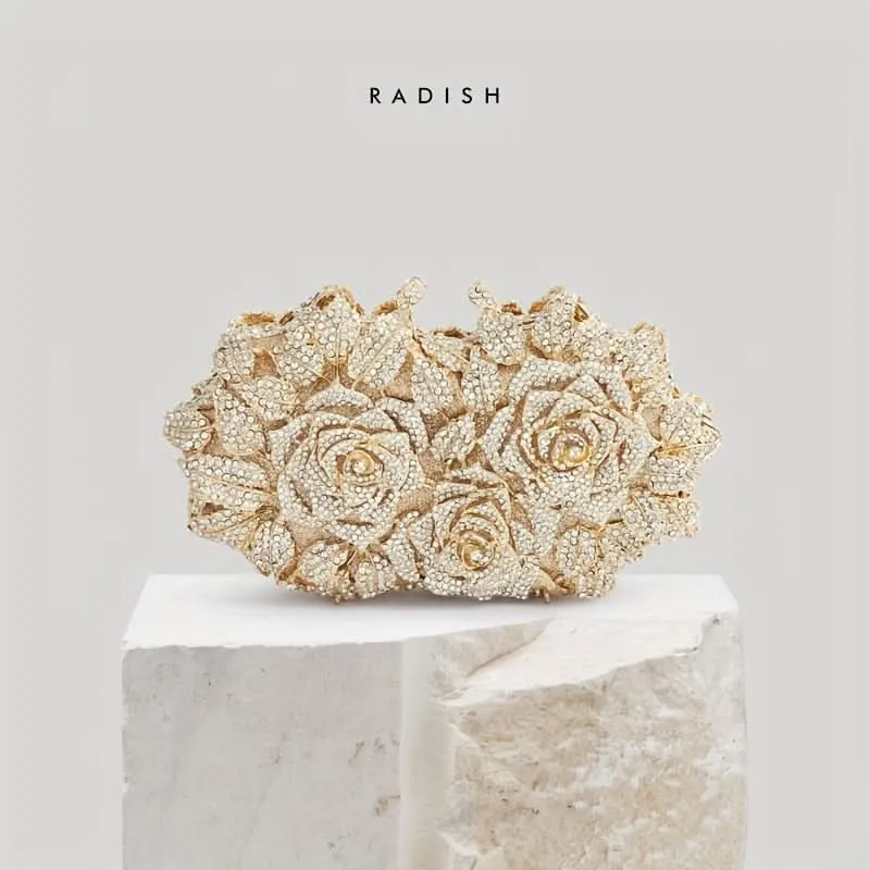 Rhinestone Floral Evening Clutch with Strap