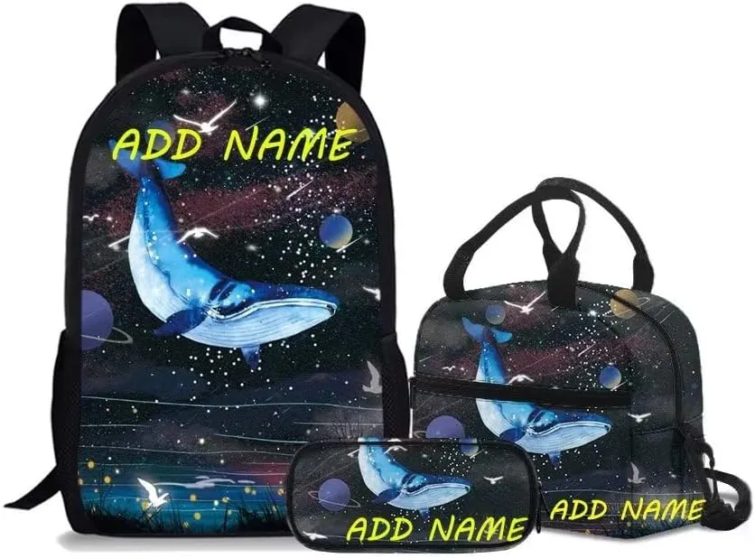 Rnyleeg Boys Backpack for School Kids Backpack with Lunch Bag Bookbag Set Customize Your Name on Whale Laptop Bag Custom Backpack Lunch Bag Pencil Case