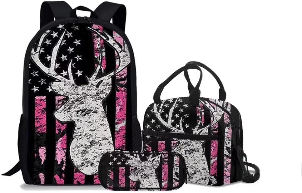 Rnyleeg Pink Camo Deer Backpack Boy Girl Backpack Lunch Bag Pencil Bag 3 Pcs Set Backpack for College Students Travel Rucksack Book Bag for Boys Girls Teen Little Children