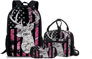 Rnyleeg Pink Camo Deer Backpack Boy Girl Backpack Lunch Bag Pencil Bag 3 Pcs Set Backpack for College Students Travel Rucksack Book Bag for Boys Girls Teen Little Children