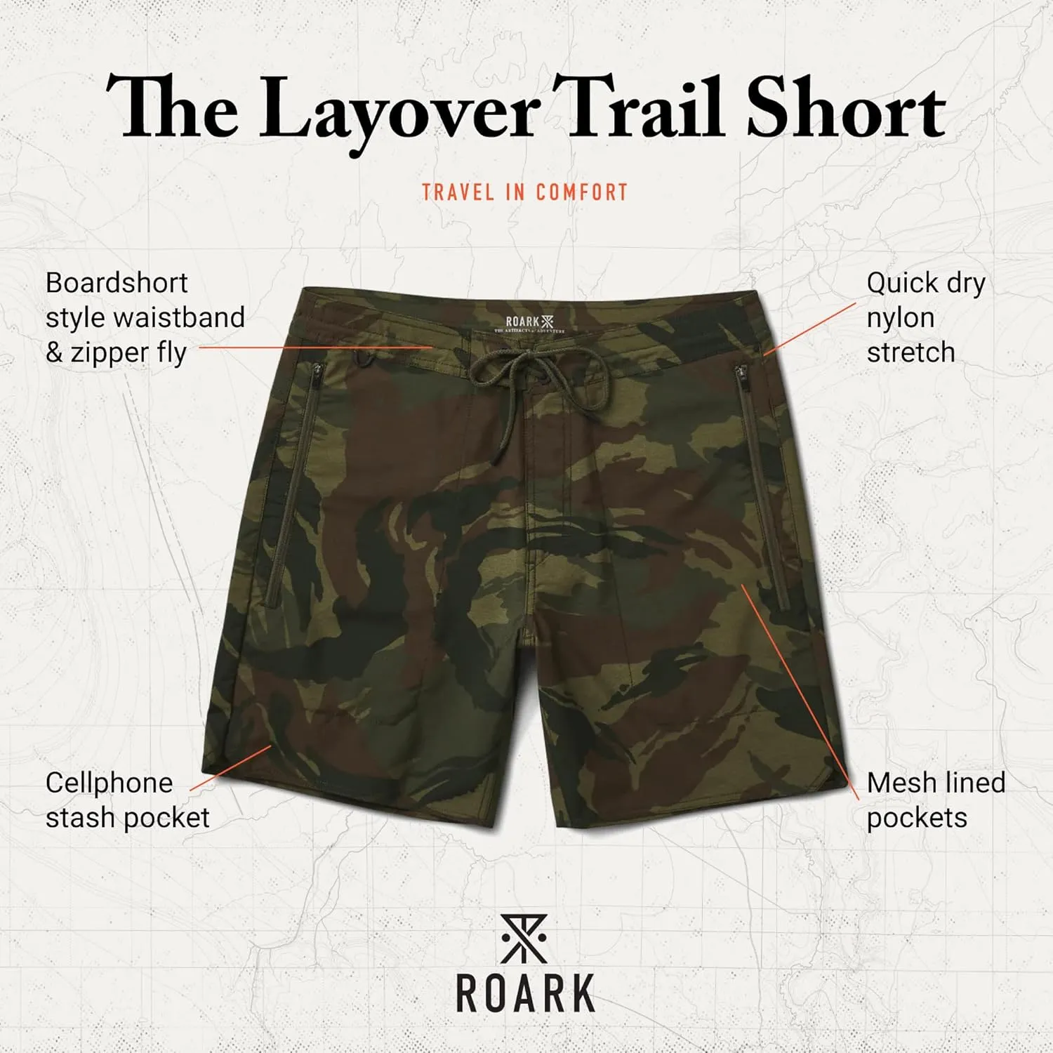 Roark Mens Layover Trail Short 3.0, Durable 4-Way Stretch Adventure Shorts