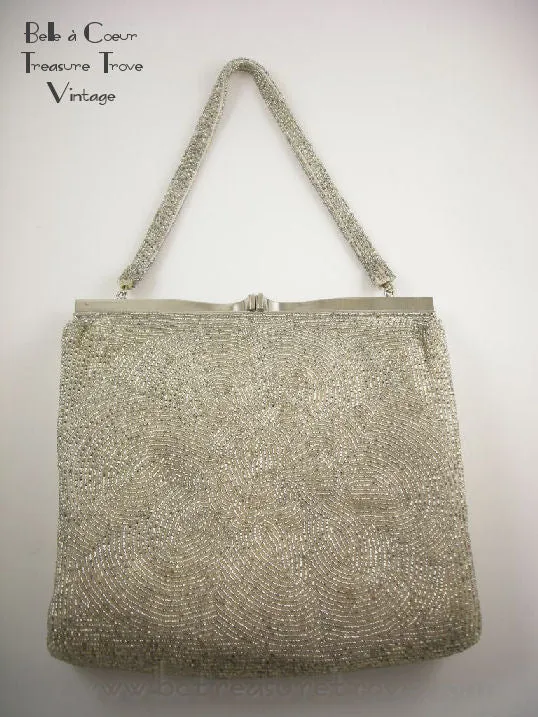 Rocaille Beaded Vintage Evening Purse Sparkling Silver