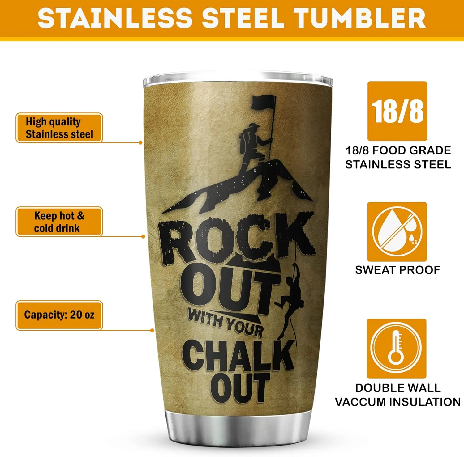 Rock Climbing Tumbler, Stainless Steel, 20 oz, Vintage Climbing Gifts for Men, Dad, Husband, Boyfriend, Novelty Sport Coffee Mug, Adventure