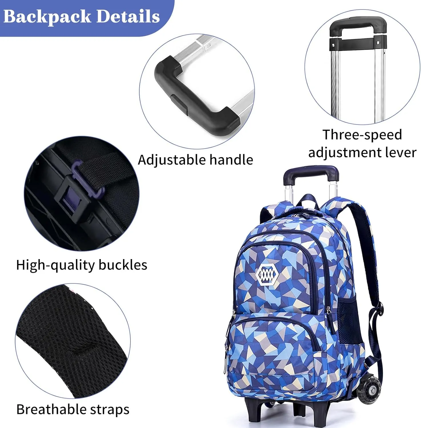 Rolling Backpack for Elementary School Students Teens Travel Bag Wheeled Trolley Trip Luggage Trolley Daypack for Girls and Boys, BE Squares