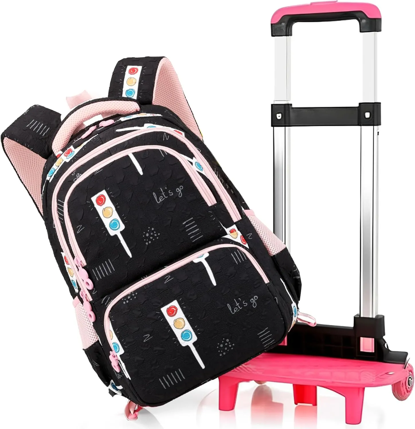 Rolling Backpack for Elementary School Students Teens Travel Bag Wheeled Trolley Trip Luggage Trolley Daypack for Girls and Boys, BK Indicator Light