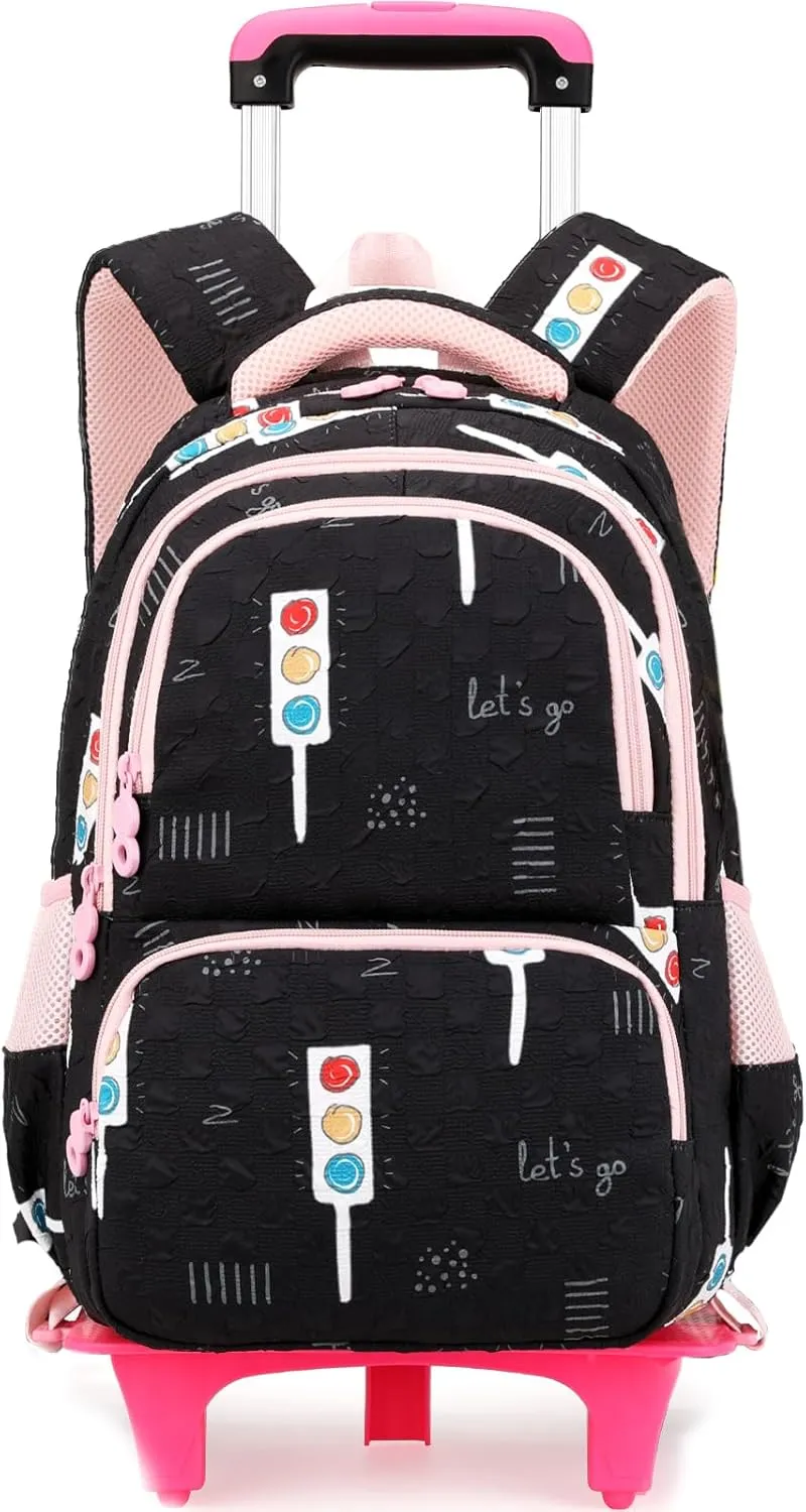 Rolling Backpack for Elementary School Students Teens Travel Bag Wheeled Trolley Trip Luggage Trolley Daypack for Girls and Boys, BK Indicator Light