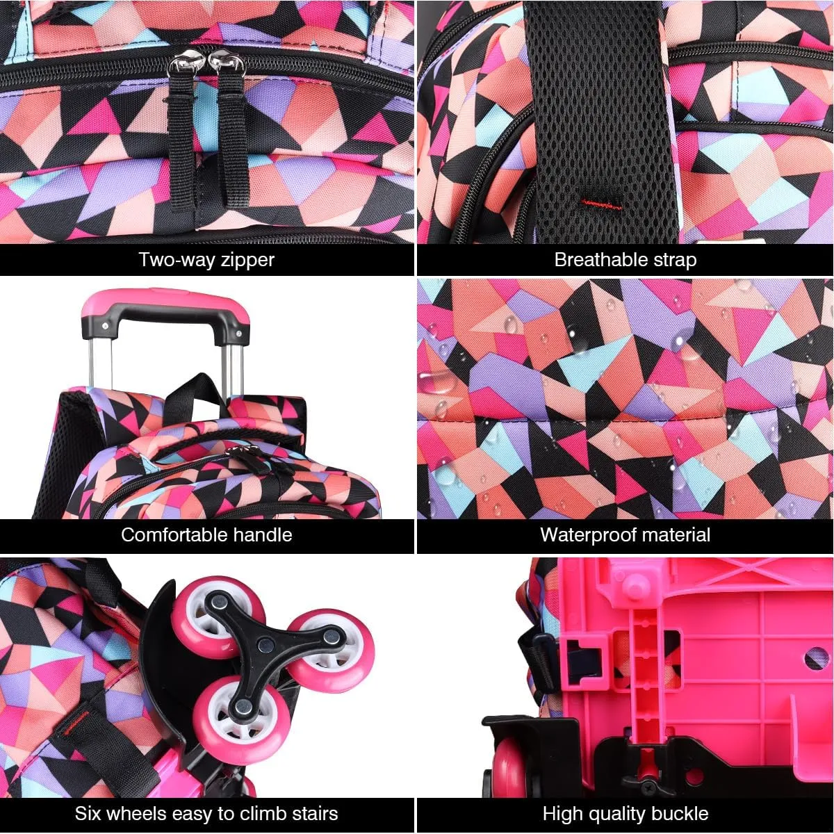 Rolling Backpack for Girls Trolley School Bag Wheels Backpack Luggage Waterproof Climbing Stairs (Black with Six Wheels)