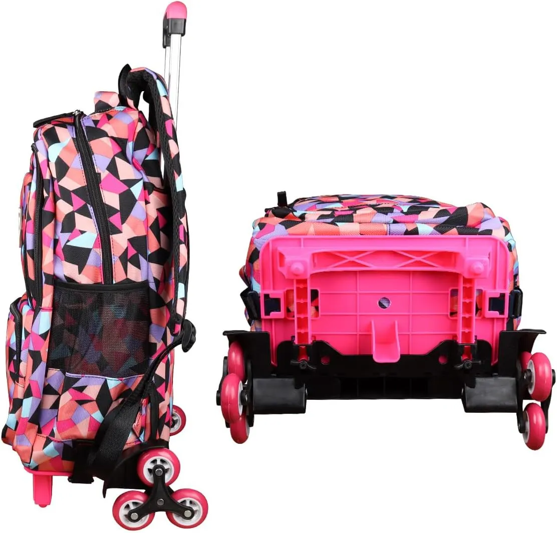 Rolling Backpack for Girls Trolley School Bag Wheels Backpack Luggage Waterproof Climbing Stairs (Black with Six Wheels)
