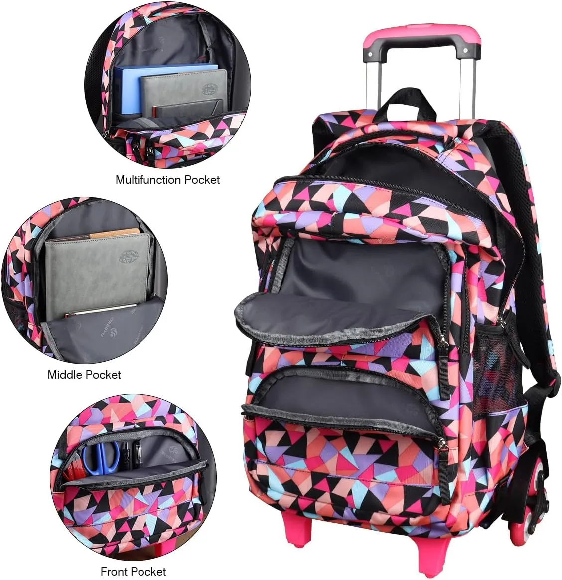 Rolling Backpack for Girls Trolley School Bag Wheels Backpack Luggage Waterproof Climbing Stairs (Black with Six Wheels)