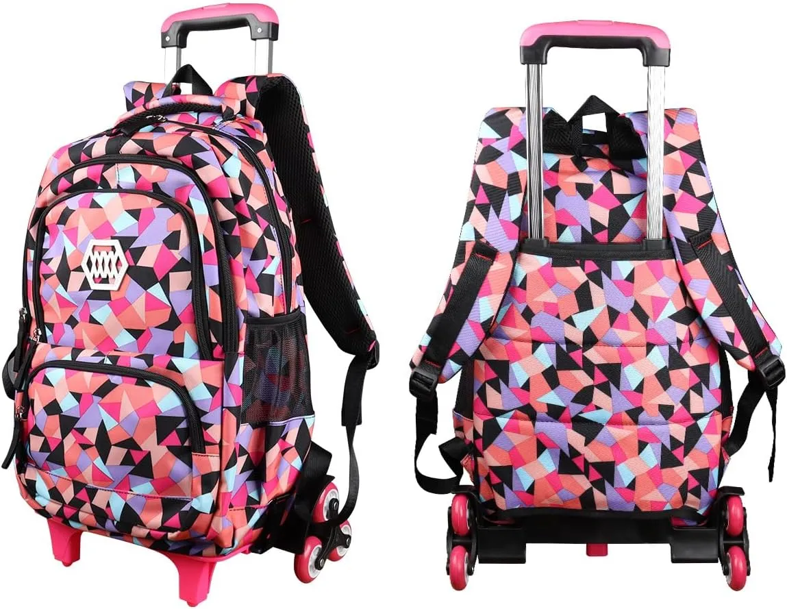 Rolling Backpack for Girls Trolley School Bag Wheels Backpack Luggage Waterproof Climbing Stairs (Black with Six Wheels)