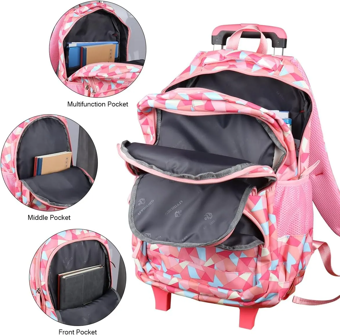 Rolling Backpack for Girls Trolley School Bag Wheels Backpack Luggage Waterproof Climbing Stairs (Pink with Two Wheels)
