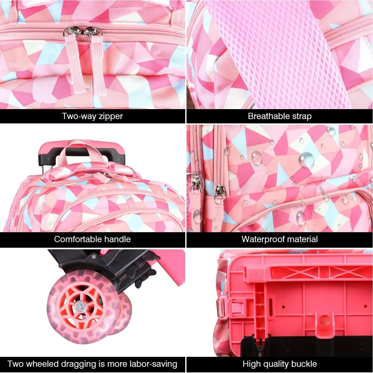 Rolling Backpack for Girls Trolley School Bag Wheels Backpack Luggage Waterproof Climbing Stairs (Pink with Two Wheels)