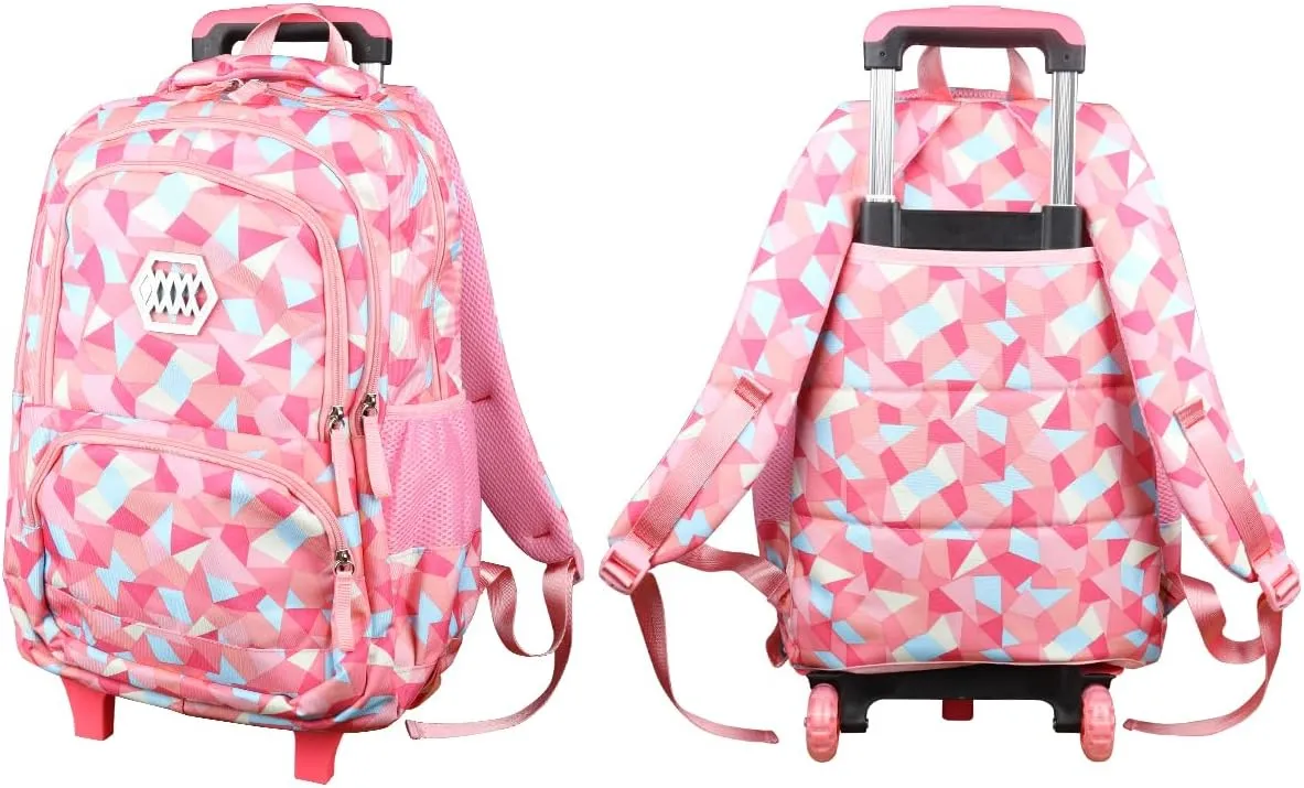 Rolling Backpack for Girls Trolley School Bag Wheels Backpack Luggage Waterproof Climbing Stairs (Pink with Two Wheels)
