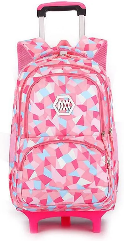 Rolling Backpack for Girls Trolley School Bag Wheels Backpack Luggage Waterproof Climbing Stairs (Pink with Two Wheels)
