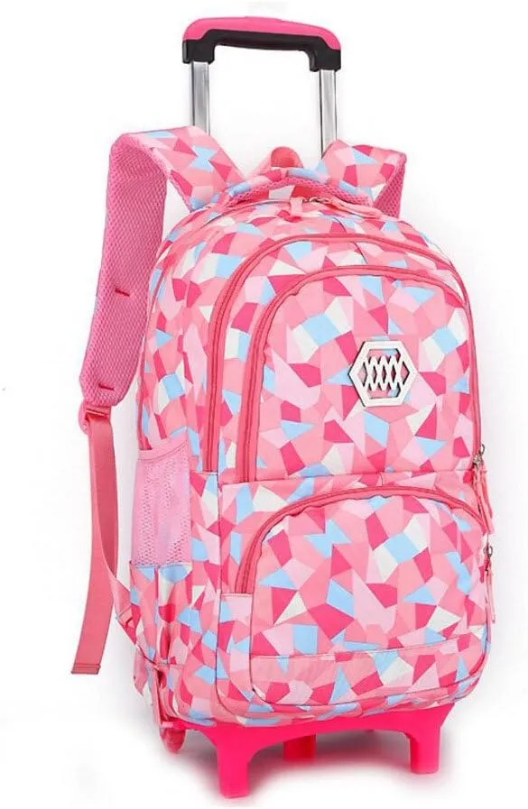 Rolling Backpack for Girls Trolley School Bag Wheels Backpack Luggage Waterproof Climbing Stairs (Pink with Two Wheels)