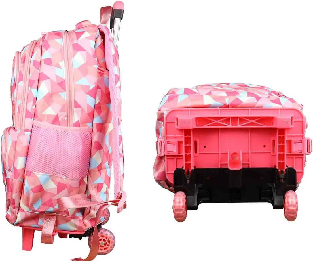 Rolling Backpack for Girls Trolley School Bag Wheels Backpack Luggage Waterproof Climbing Stairs (Pink with Two Wheels)
