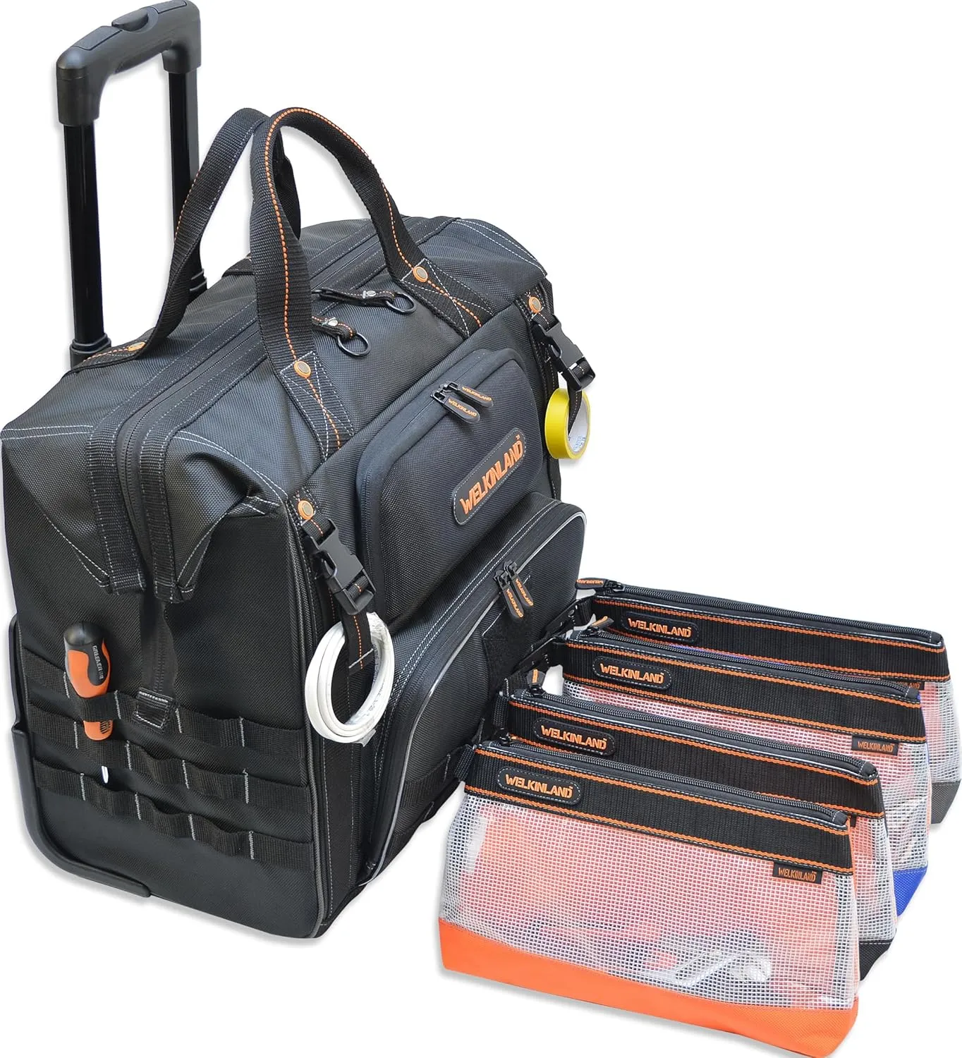 Rolling Tool Bag and 4pcs Clear Tool Pouch Bundle-Quality Tool Storage Within Easy Reach