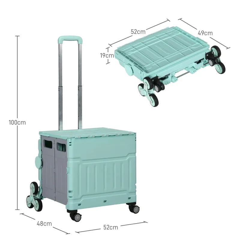 Rootz Foldable Shopping Cart Stair Climbing Wheels - Telescopic Handle - Lightweight Design - 51L Volume - Green - 52cm x 48cm x 100cm
