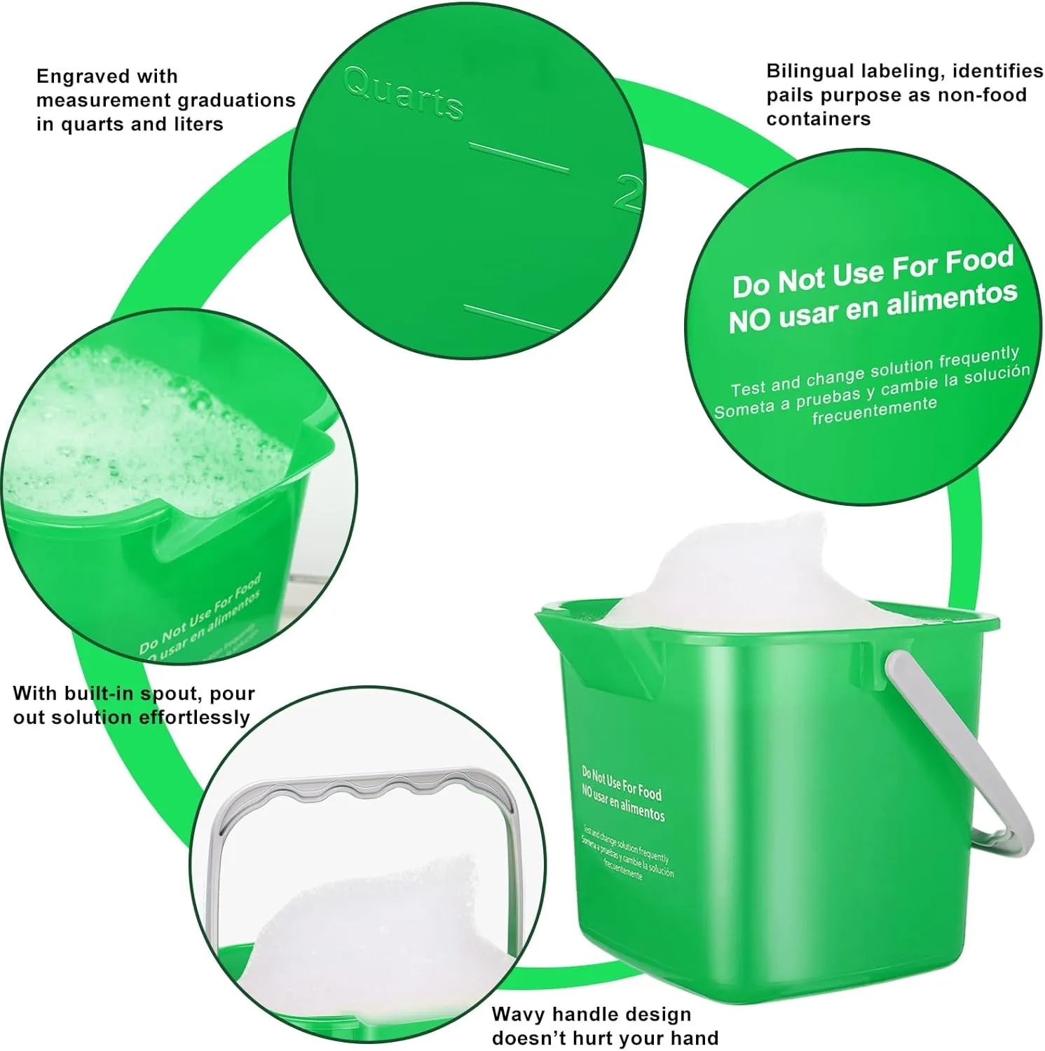 Roshtia 6 Pcs 3 Quart Cleaning Bucket Small Sanitizing Square Bucket Detergent Pail for Home Commercial Restaurant Kitchen Office School (Green)