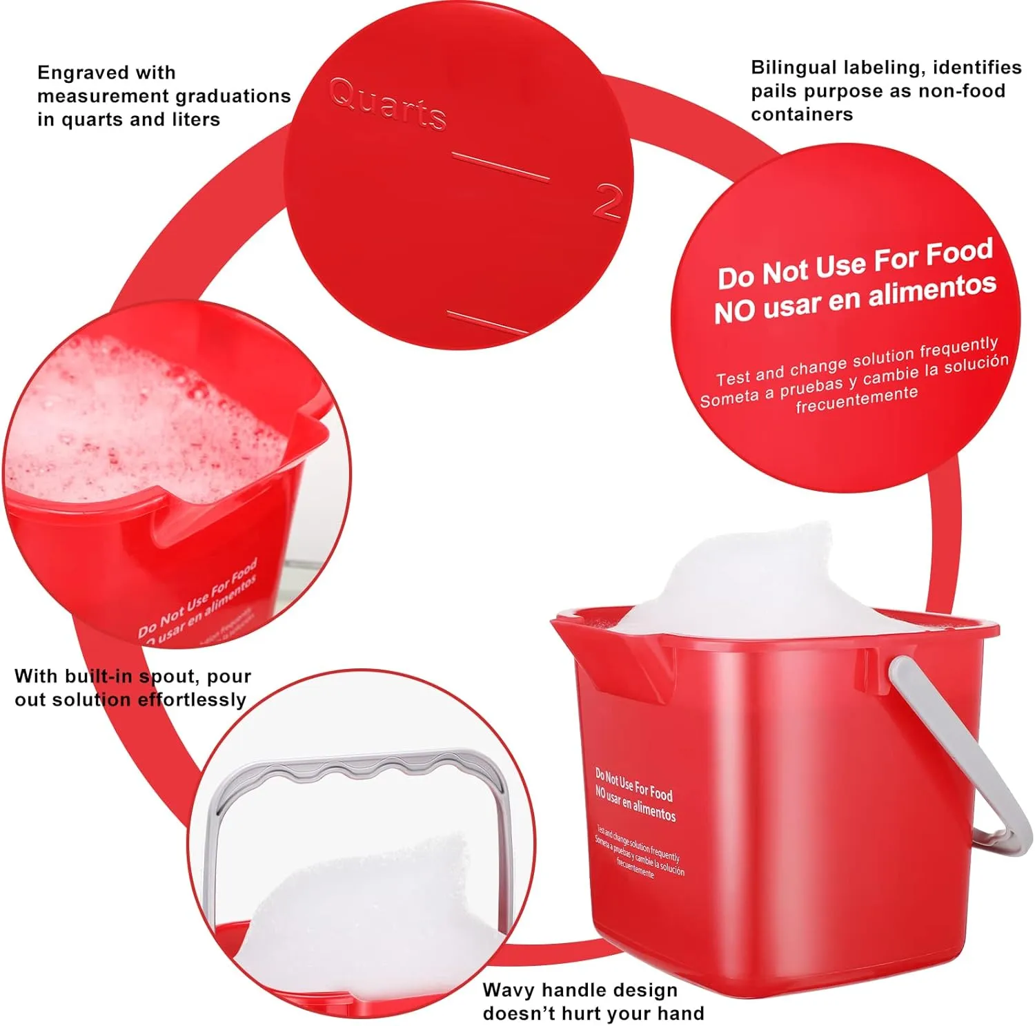 Roshtia 6 Pcs 3 Quart Cleaning Bucket Small Sanitizing Square Bucket Detergent Pail for Home Commercial Restaurant Kitchen Office School (Red)