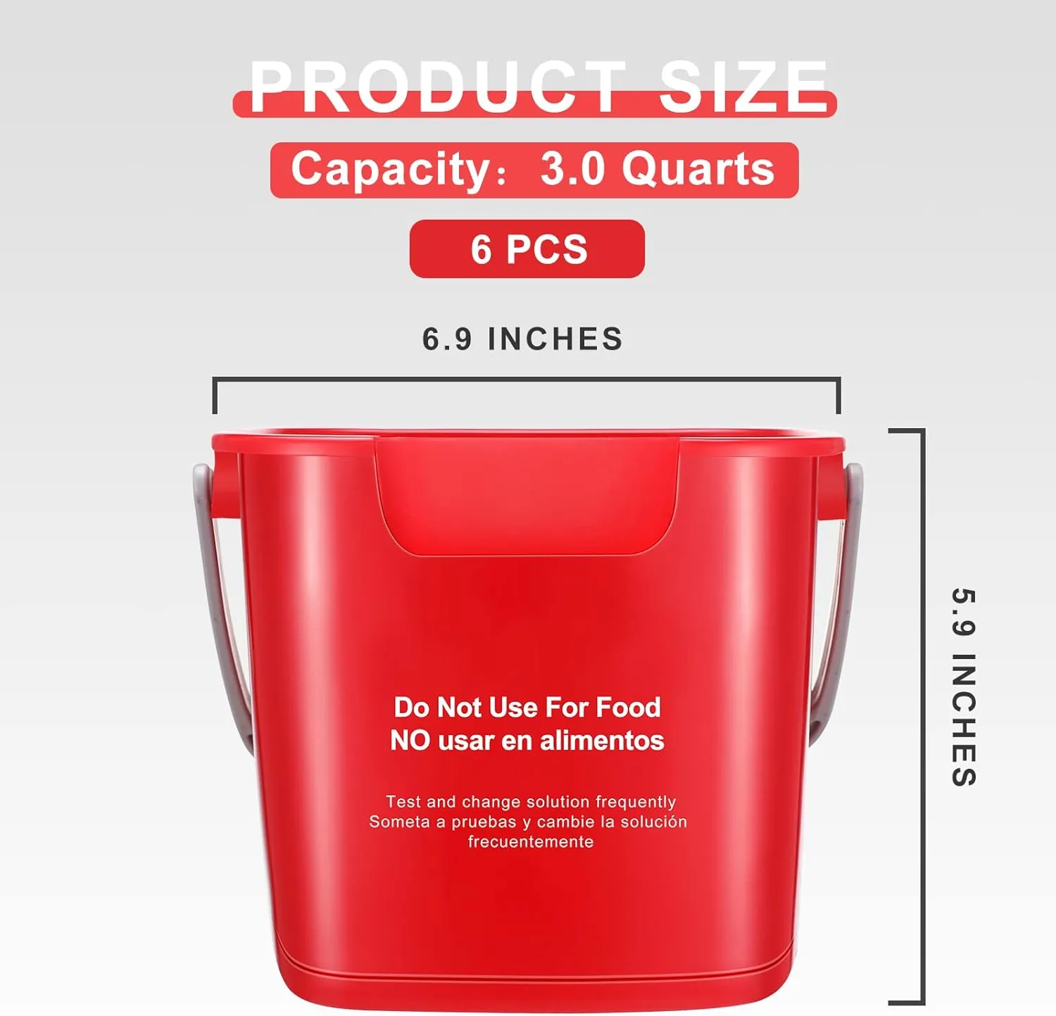 Roshtia 6 Pcs 3 Quart Cleaning Bucket Small Sanitizing Square Bucket Detergent Pail for Home Commercial Restaurant Kitchen Office School (Red)