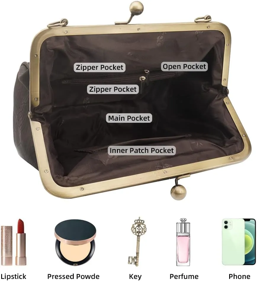 ROUROU Retro Hollow Handbag for Women - Leather Shoulder Bag Evening Clutch Crossbody Purse with Kiss Lock Closure