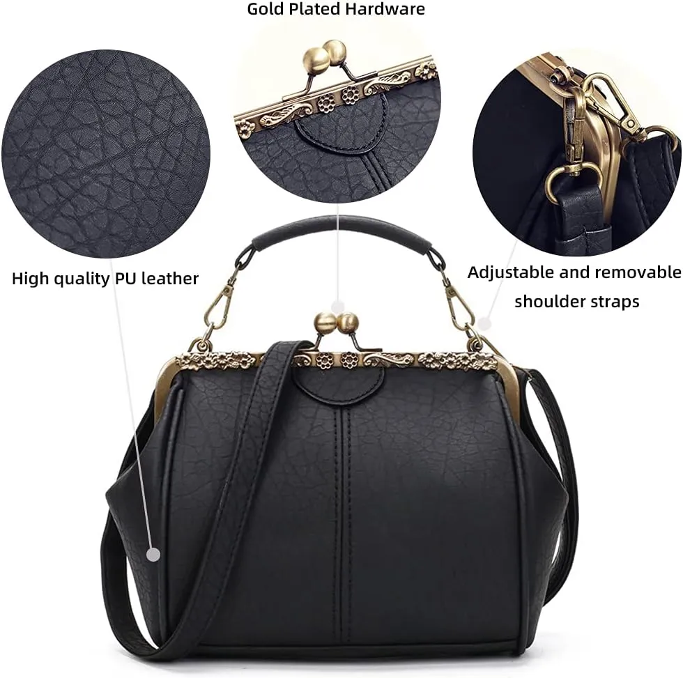ROUROU Retro Hollow Handbag for Women - Leather Shoulder Bag Evening Clutch Crossbody Purse with Kiss Lock Closure