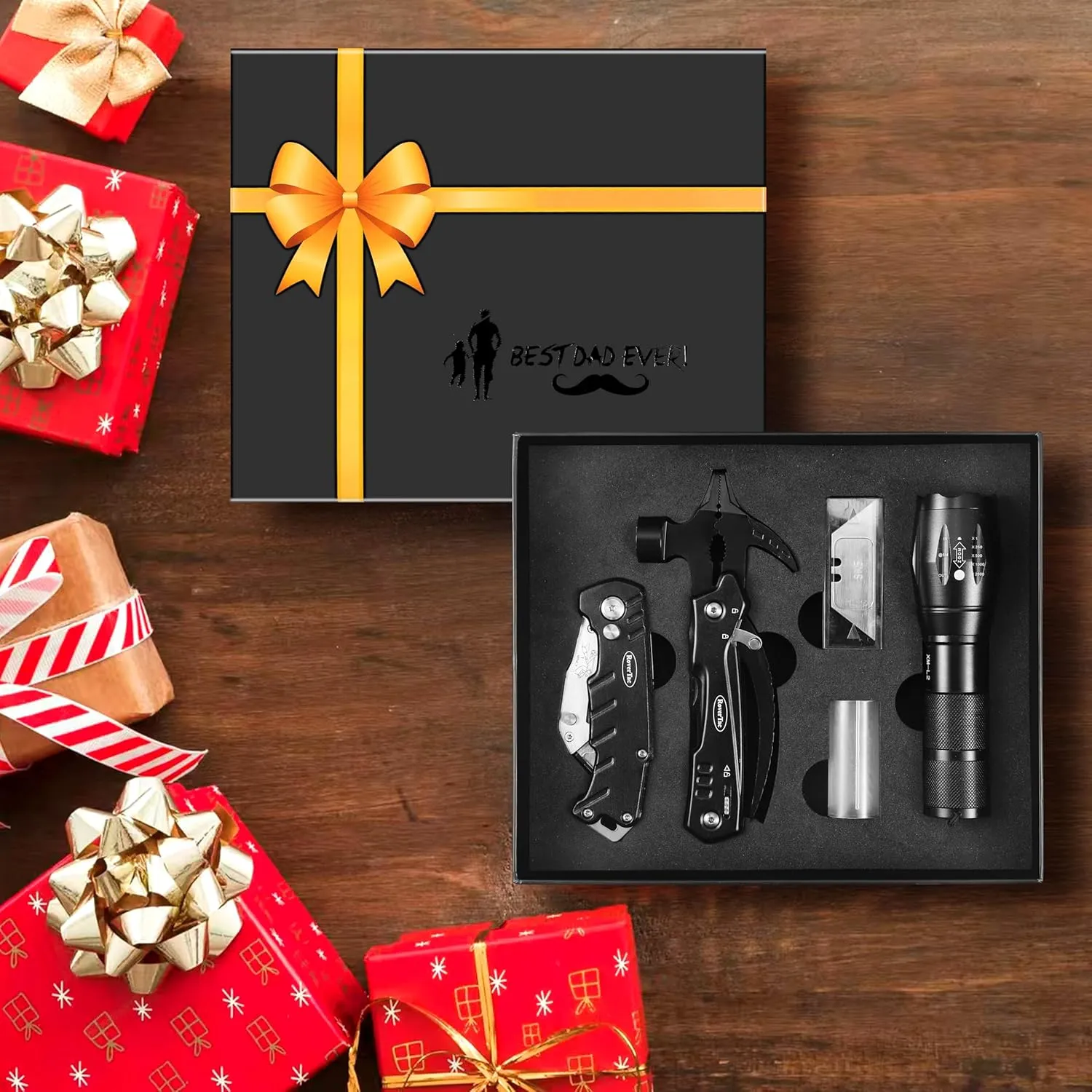 RoverTac Dad Tool Gift Set, 12-in-1 Multitool Hammer, Flashlight & Utility Knife in a Gift Box with "BEST DAD EVER", Unique & Practical Gift for Dad on Father’s Day, Birthday, Christmas & Retirement