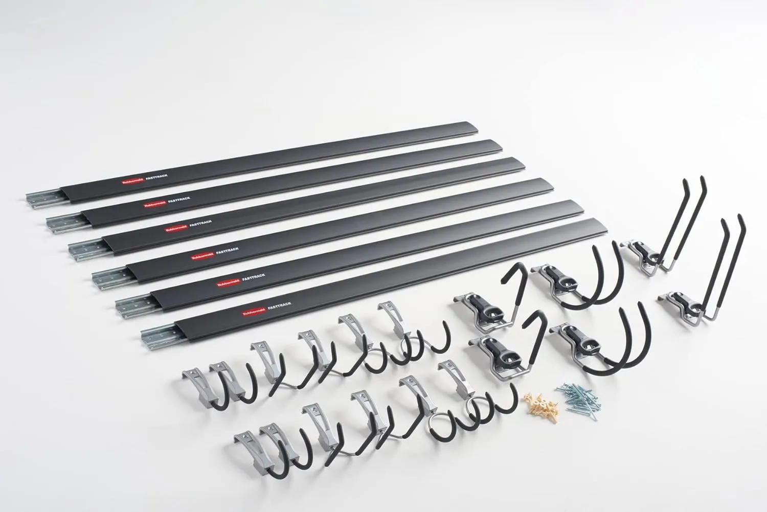 Rubbermaid 24-Piece FastTrack Garage Wall-Mounted Storage Kit, 6 Rails and 18 Hooks, Black, for Home/House/Tool/Sports/Equipment/Utility Purposes
