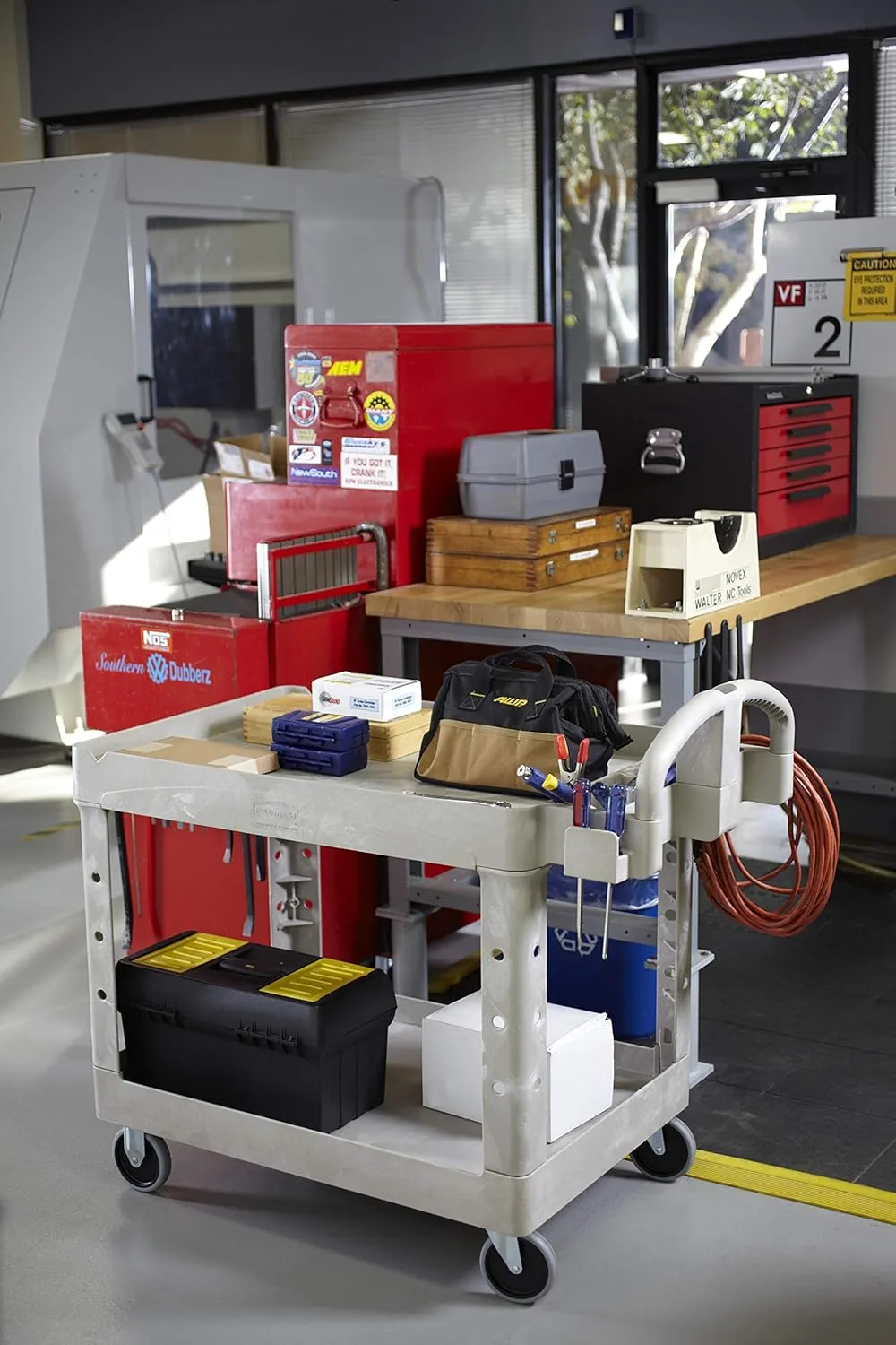 Rubbermaid Commercial Products BRUTE Heavy Duty 2-Shelf Utility/Service Cart, Medium, Lipped Shelves, Ergonomic Handle, 500 lbs. Capacity, Beige, for Warehouse/Garage/Cleaning/Maintenance