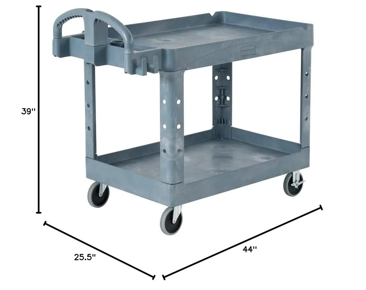 Rubbermaid Commercial Products Brute Heavy Duty 2-Shelf Utility/Service Cart, Medium, Lipped Shelves, Ergonomic Handle, 500 lbs. Capacity, Gray, for Warehouse/Garage/Cleaning/Maintenance/Stadiums