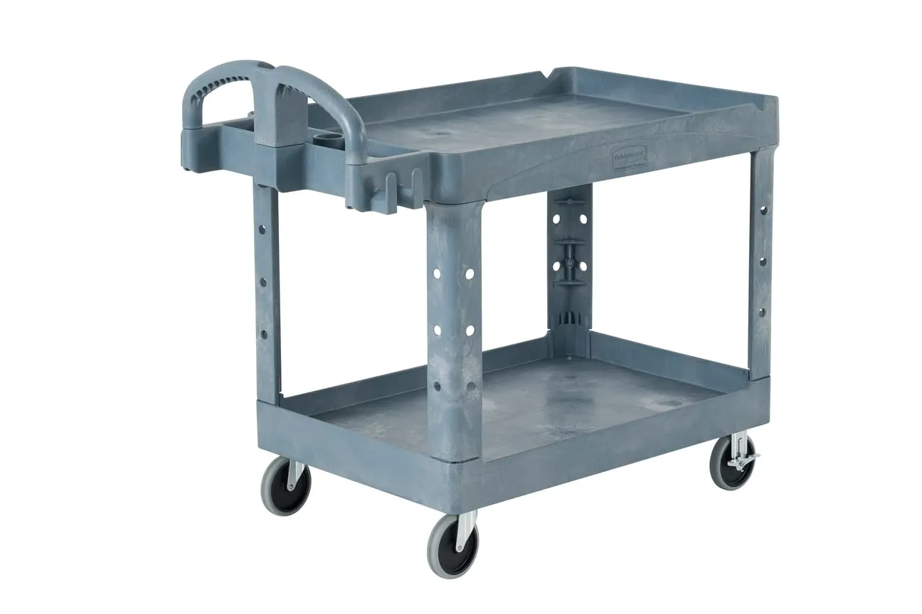 Rubbermaid Commercial Products Brute Heavy Duty 2-Shelf Utility/Service Cart, Medium, Lipped Shelves, Ergonomic Handle, 500 lbs. Capacity, Gray, for Warehouse/Garage/Cleaning/Maintenance/Stadiums