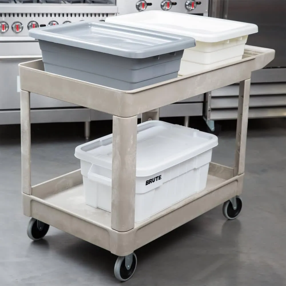 Rubbermaid Commercial Products Heavy Duty 2-Shelf Utility/Service Cart, Medium, Lipped Shelves, Storage Handle, 500 lbs. Capacity, Beige, for Warehouse/Garage/Cleaning/Maintenance
