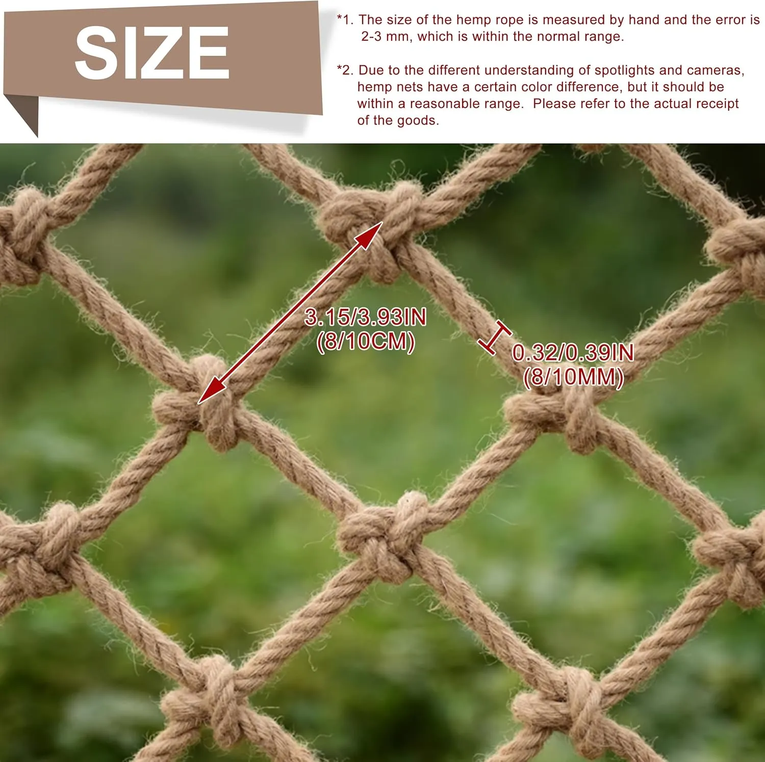 Safety Hemp Rope Net Kids Climbing Safety Net Tree House Climbing Children Safety Rope Net Balcony Stairs Fence Railing Garden Playground Protection Heavy Duty Net Indoor&Outdoor Decor Rope Net(10mm)