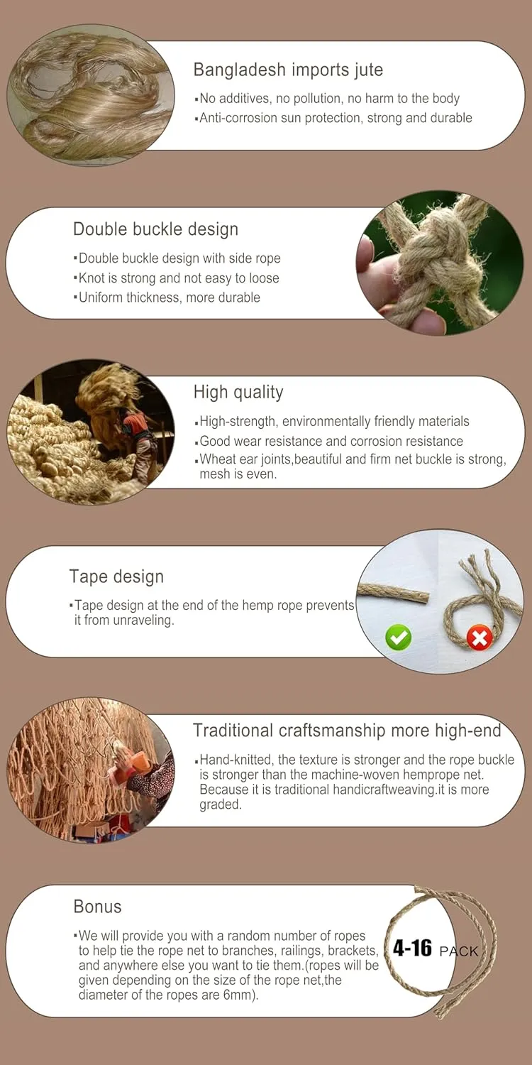Safety Hemp Rope Net Kids Climbing Safety Net Tree House Climbing Children Safety Rope Net Balcony Stairs Fence Railing Garden Playground Protection Heavy Duty Net Indoor&Outdoor Decor Rope Net(10mm)